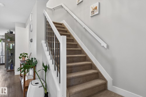 Carpeted staircase featuring white handrails and black metal balusters - 33 Durrand Bend, Fort Saskatchewan, AB 