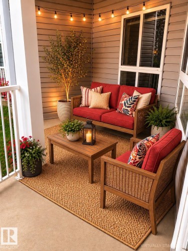 Inviting outdoor porch featuring plank siding and string lighting - 115 5340 199 Street, Edmonton, AB - Outdoor With Deck Patio Veranda With Exterior