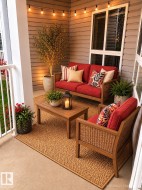 Inviting outdoor porch featuring plank siding and string lighting - 