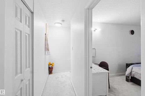 Hallway featuring neutral-toned carpet flooring and a built-in closet with panel doors - 203 11421 34 Street Nw, Edmonton, AB 