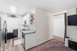Compact kitchen featuring white cabinetry, a stainless steel dishwasher, and a grey countertop - 