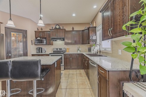 Fridge changed in 2024. Dishwasher and Stove purchased in 2015. Quartz countertops & kitchen backsplash done in 2022. - 57 Homestead Crescent Nw, Edmonton, AB - Indoor Photo Showing Kitchen With Upgraded Kitchen