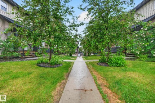Centrally placed concrete walkway bordered by manicured lawns and mature deciduous trees - 48 8716 179 Avenue, Edmonton, AB 