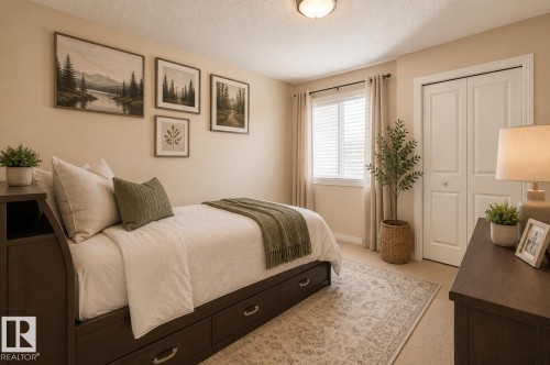 Bedroom featuring neutral wall paint, a window with blinds and drapes, and a built-in closet with bi-fold doors - 1840 56 Street, Edmonton, AB 