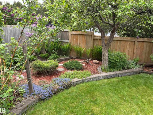 Expansive backyard featuring a manicured lawn, established trees, stone retaining walls, and a variety of mature plantings - 51 Glenmore Crescent, St. Albert, AB 