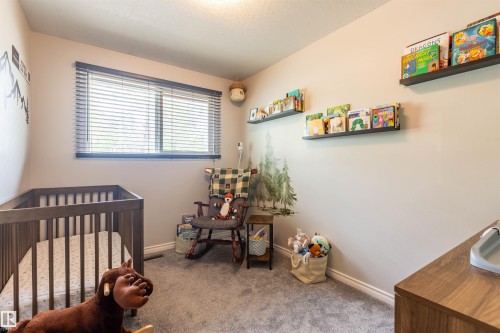Carpeted room with a window featuring horizontal blinds - 33 Andrew Crescent, St. Albert, AB 