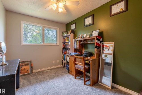 Room featuring a ceiling fan, dual windows, plush carpet flooring, baseboard molding, and varied wall finishes - 33 Andrew Crescent, St. Albert, AB 