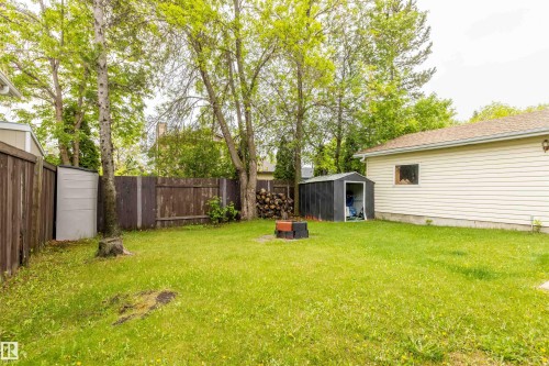 Expansive green lawn featuring mature trees and wood fencing - 33 Andrew Crescent, St. Albert, AB 