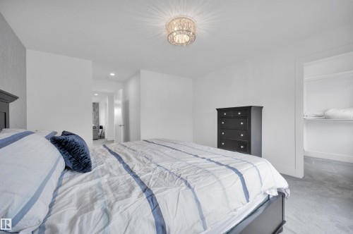 Bedroom featuring recessed lighting, a decorative ceiling fixture, light gray carpeting, and a closet with built-in shelving - 3898 Robins Crescent, Edmonton, AB 
