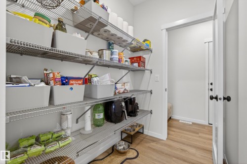 Pantry featuring extensive wire shelving, light-toned walls, and wood-finish flooring - 22836 94 Avenue, Edmonton, AB 