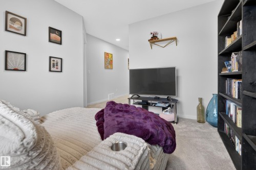Carpeted interior space featuring a built-in dark wood shelving unit, a wall-mounted shelving accent, and light gray wall paint - 22836 94 Avenue, Edmonton, AB 