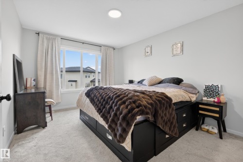 Carpeted bedroom featuring a large window with white trim, light gray walls, a flush-mount ceiling light, and white curtains on a black rod - 22836 94 Avenue, Edmonton, AB 