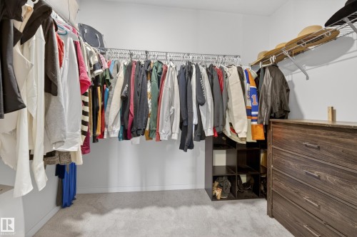 Spacious walk-in closet featuring wire shelving, multiple hanging rods, and light gray carpeting - 22836 94 Avenue, Edmonton, AB 