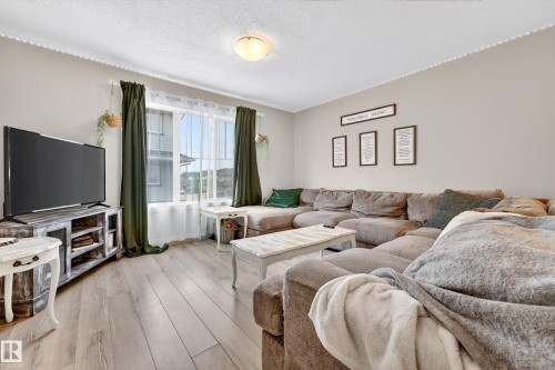 Living area featuring wood-finish flooring, ample natural light from a large window, light gray wall paint, and a ceiling-mounted light fixture - 85 165 Cy Becker Boulevard, Edmonton, AB - Indoor Photo Showing Living Room