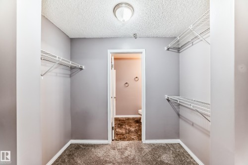 Walk-in closet featuring gray walls, carpet flooring, a ceiling-mounted light fixture, and white wire shelving - 126 10535 122 Street, Edmonton, AB 