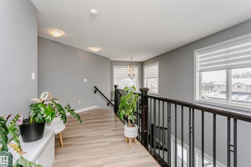 Upper-level hallway featuring wood-finish flooring, a contemporary chandelier, two windows with horizontal blinds, and a black metal railing - 21807 97 Avenue, Edmonton, AB 