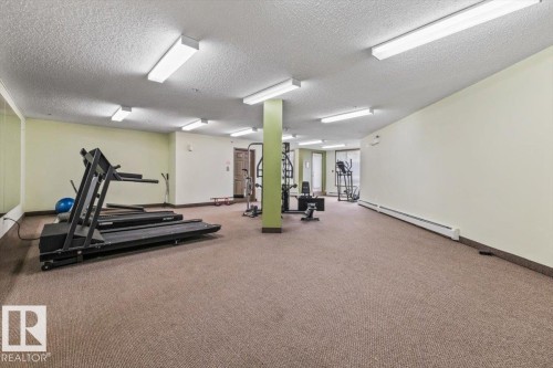 Carpeted fitness area featuring multiple fluorescent light fixtures, a mirrored wall section, and a full-light glass panel door - 116 6315 135 Avenue, Edmonton, AB 
