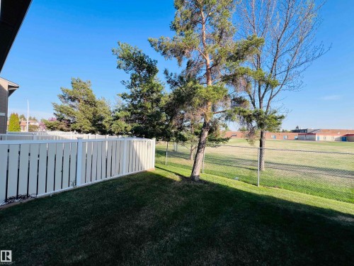 Private fenced yard featuring a manicured lawn, established trees, and a chain-link fence bordering an open field - 2544 79 Street, Edmonton, AB - Outdoor