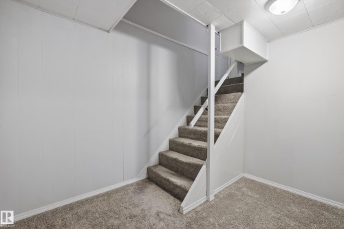 Carpeted staircase with white risers and handrails, leading to an upper level - 16105 109A Avenue, Edmonton, AB 