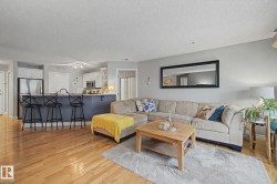 Open-concept living space featuring wood-finish flooring, a kitchen island with seating, stainless steel appliances, and white cabinetry - 