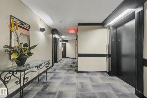 Building corridor featuring patterned carpet flooring and cream-colored walls with black trim - 308 10933 124 Street, Edmonton, AB 