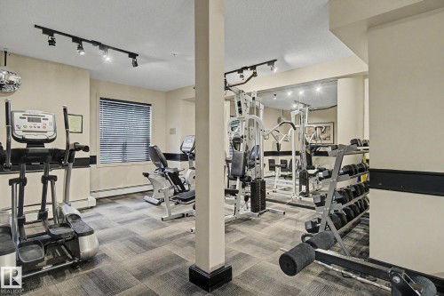 Fitness room featuring carpet tile flooring, track lighting, a mirrored wall, and built-in window blinds - 308 10933 124 Street, Edmonton, AB 