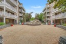 Courtyard with a central stone-built planter, surrounded by mature trees, and bordered by stacked stone retaining walls - 308 10933 124 Street, Edmonton, AB 