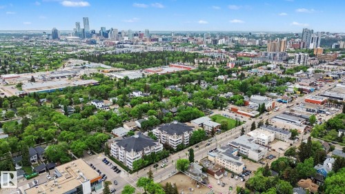 Expansive cityscape featuring a prominent skyline, a verdant tree canopy, and established infrastructure - 308 10933 124 Street, Edmonton, AB 
