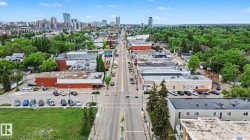 Aerial perspective of a commercial thoroughfare featuring diverse building architecture, mature trees, and urban skyline elements - 