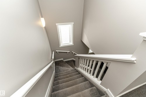 Carpeted staircase with white railings and wall-mounted handrails - 115 57 Street, Edmonton, AB 