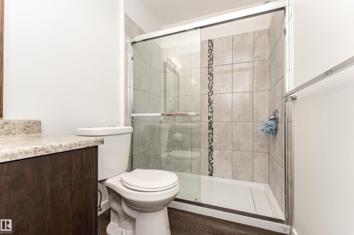 Bathroom featuring a walk-in shower with glass enclosure, light-toned wall tile, and a decorative mosaic accent strip - 115 57 Street, Edmonton, AB 