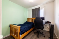 Room featuring wood-finish flooring, a light green accent wall, and a window with dark drapery - 