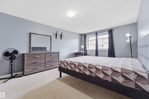 Carpeted room featuring a ceiling-mounted light fixture, light blue wall paint, and a window with dark curtains - #110 7805 159 St Nw, Edmonton, AB 