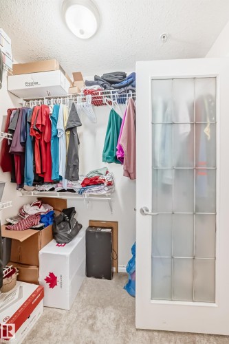 Walk-in closet featuring wire shelving, wall-mounted hanging rods, and light-toned carpet flooring - 214 9938 104 Street, Edmonton, AB 