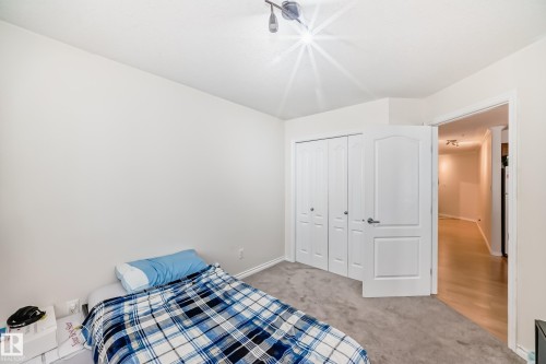 Carpeted room featuring a white interior door, bifold closet doors, and a ceiling-mounted light fixture - 214 9938 104 Street, Edmonton, AB 