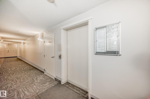 Common hallway with patterned carpeting and white walls - 214 9938 104 Street, Edmonton, AB 