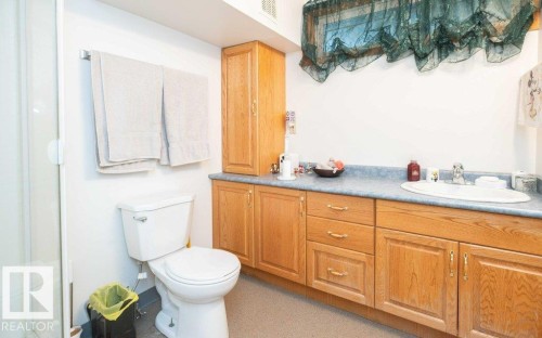 Bathroom featuring a combination vanity with natural wood-finish cabinetry and a single basin sink - 57532 Rg Rd 270, Rural Westlock County, AB 