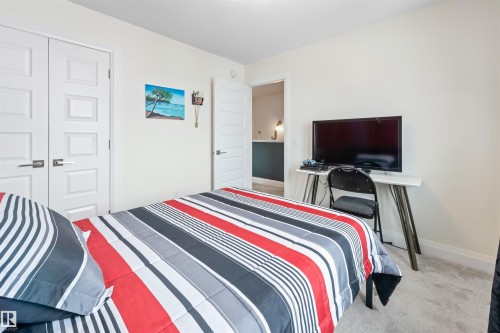 Bedroom featuring light wall color, white paneled doors, and gray carpet flooring - 389 Charlesworth Drive, Edmonton, AB 