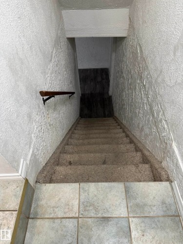 Carpeted staircase with a wood handrail, contrasting with the tile flooring at the top landing - 14537 121 Street, Edmonton, AB 