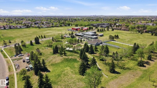 Expansive green space featuring large grass areas, numerous mature trees, a paved roadway, and a distant urban skyline - 11628 167A Avenue, Edmonton, AB - Outdoor With View