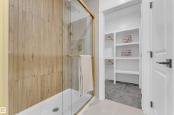 Walk-in shower featuring a gold-finish frame and wood-look tile surround - 