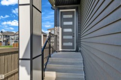 Contemporary front entry featuring a dark gray door with frosted glass panels, concrete steps, and a black metal handrail - 