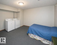 Dedicated laundry area featuring a white washing machine and dryer, accompanied by soft grey carpeting - 