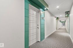 Hallway featuring patterned carpeting, recessed lighting, white walls, and teal accents surrounding entry doors - 