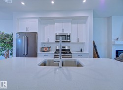 Kitchen island with an undermount stainless steel sink and gooseneck faucet - 