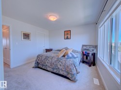 Carpeted room featuring a large window, white trim, and a flush-mount ceiling light fixture - 