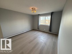 Bright room with light gray walls, wood-finish flooring, a large window, and a flush-mount ceiling light fixture - 