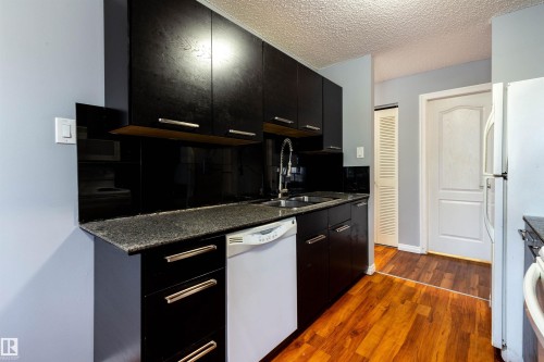 Kitchen featuring dark cabinetry with silver-tone hardware, a black solid surface backsplash, a stainless steel sink with a high-arc faucet, and granite countertops - 202 10740 105 Street, Edmonton, AB 