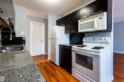 Kitchen featuring black cabinetry, white appliances, speckled countertops, and wood-finish flooring - 