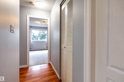 Hallway with wood-finish flooring, a white louvered bifold closet door, and light gray painted walls - 202 10740 105 Street, Edmonton, AB 